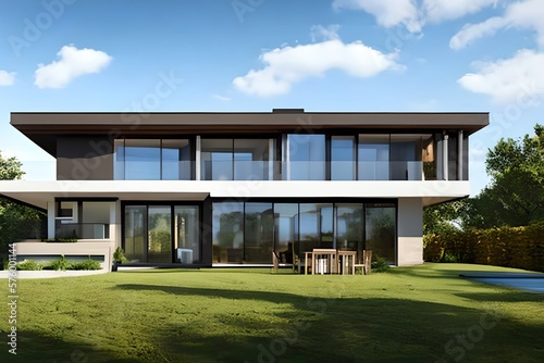 Exterior image of a new modern house with large windows with a garden in a rural area under the beautiful sky. Generative AI