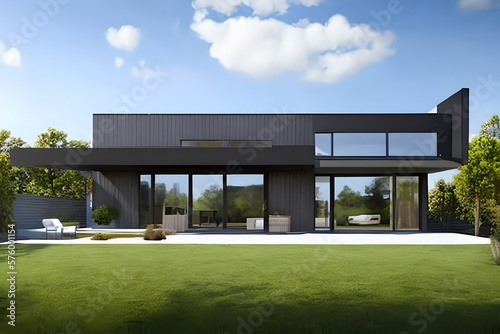 Exterior image of a new modern house with large windows with a garden in a rural area under the beautiful sky. Generative AI © Pixel Matrix