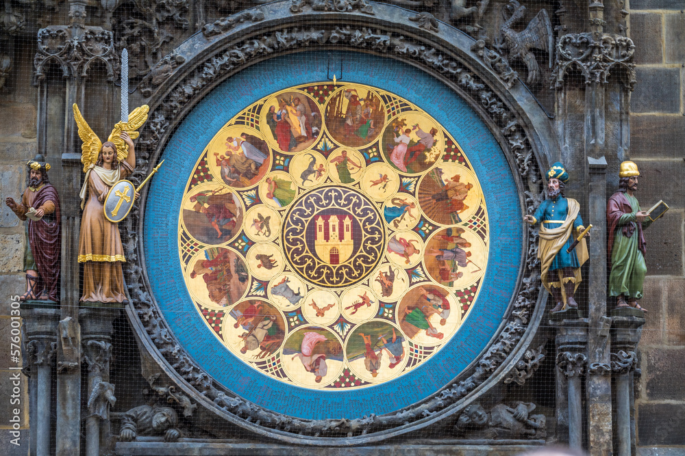 Ornate Astronomical clock close-up in Prague, Czech republic