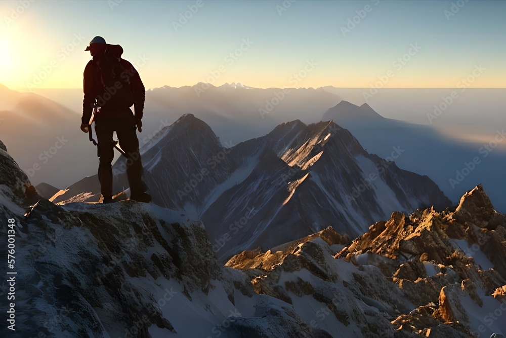 Fictional Hiker stands at the summit of a difficult mountain climb to be greeted with a beautiful view of the sunrise. Generative AI