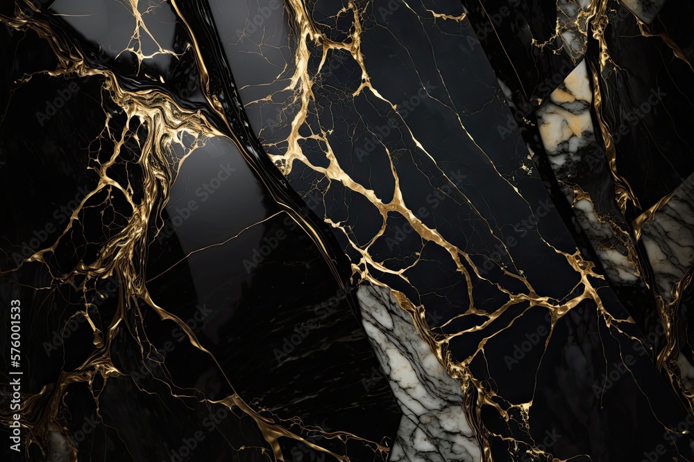 Luxury black and metallic gold marble background. Generative Ai - obrazy, fototapety, plakaty 
