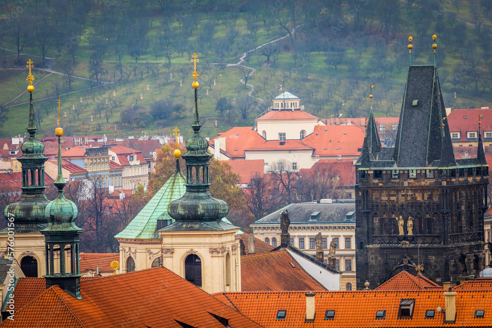 Panoramic view over the cityscape of Prague at dramatic sunset, Czech Republic