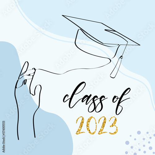 Class of 2023. One line art with student tossing up his graduation cap. Trendy one line draw design graphic vector illustration.