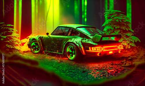 A sleek retro sports car glows with neon accents, channeling the bold style of a cyberpunk future