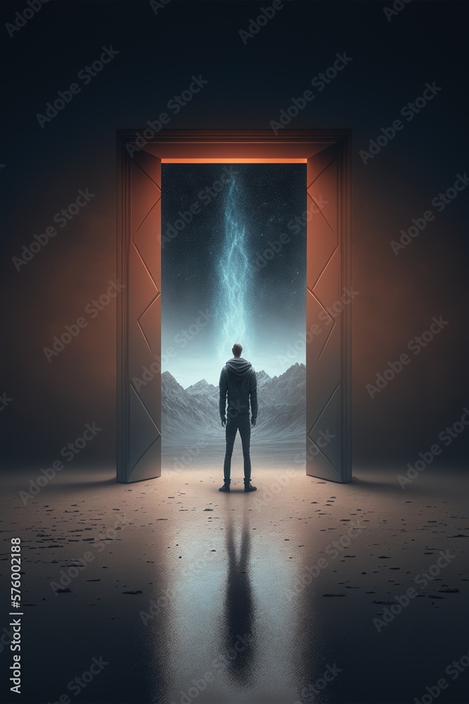 A person standing in front of a large open door created using generative AI tools