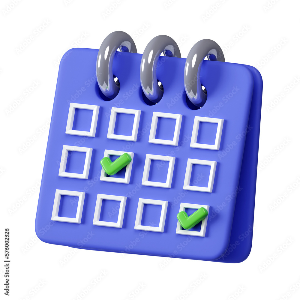 Calendar with marked date 3d render illustration. Blue floating organizer with rings isolated on white background.