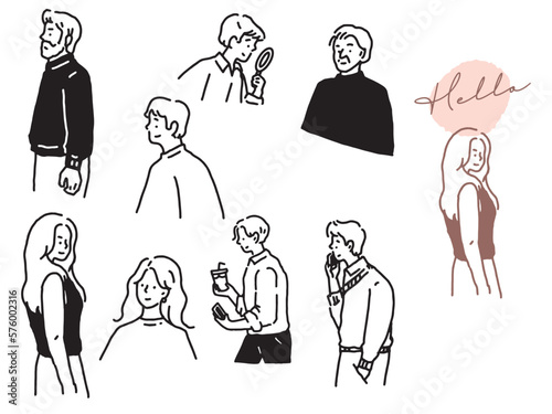 白黒、モノトーン、線画のイラスト(手書き、オシャレ、雑誌、ファッション、可愛い、人物、女の子) Black and white, monotone, and line drawing illustrations.Handwritten, stylish, magazine, fashion, cute, person, girl.	
