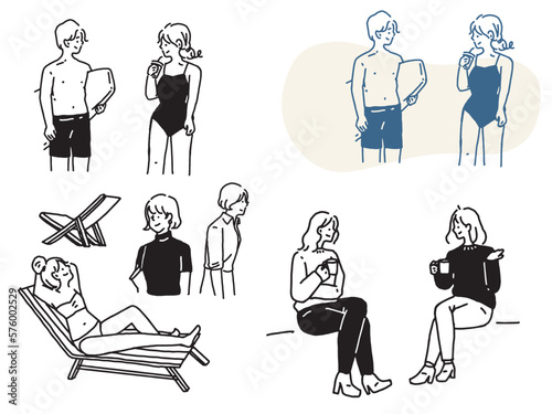 白黒、モノトーン、線画のイラスト(手書き、オシャレ、雑誌、ファッション、可愛い、人物、女の子、夏) Black and white, monotone, and line drawing illustrations.Handwritten, stylish, magazine, fashion, cute, person, girl, summer .	