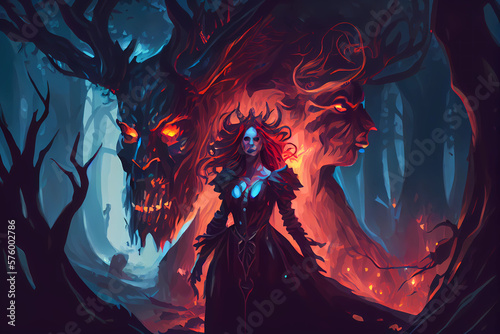 Tela An evil witch conjuring a powerful demon in a deep dark forest, digital art