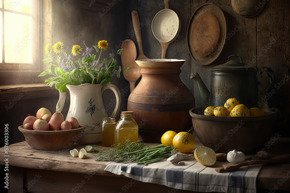still life composition of a rustic kitchen, with a wooden table, fresh produce, and utensils, evoking a feeling of warmth and homeliness, food, kitchen, table, breakfast, cooking, bowl, home, meal, still life composition of a rustic kitchen, with a wooden table, fresh produce, and utensils, evoking a feeling of warmth and homeliness, food, kitchen, table, breakfast, cooking, bowl, home, meal,