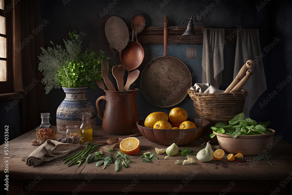 still life composition of a rustic kitchen, with a wooden table, fresh produce, and utensils, evoking a feeling of warmth and homeliness, food, kitchen, table, breakfast, cooking, bowl, home, meal,