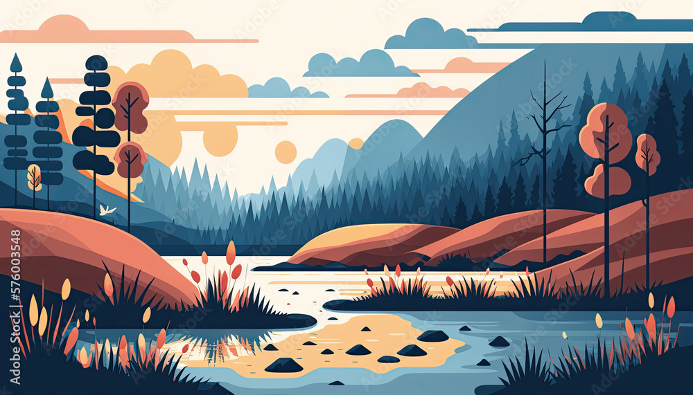  Wetland - Minimalistic flat design landscape illustration. Image for a wallpaper,  background,  postcard or poster. Generative AI - obrazy, fototapety, plakaty 