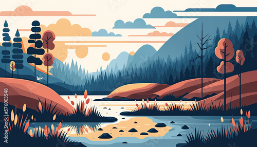 Fotografia Wetland - Minimalistic flat design landscape illustration