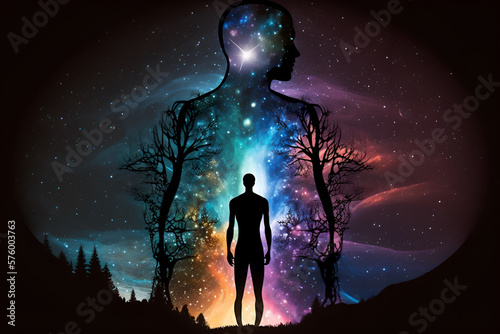an astral body set against an abstract space background. convey a sense of the esoteric and spiritual, emphasizing the idea of meditation and its connection to the after life