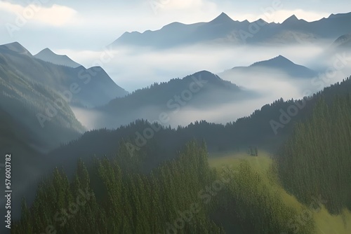 mountains peaks out of the fog over a forest valley. Generative AI © Pixel Matrix