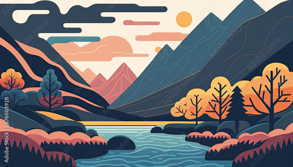 River - Minimalistic flat design landscape illustration. Image for a wallpaper, background, postcard or poster. Generative AI