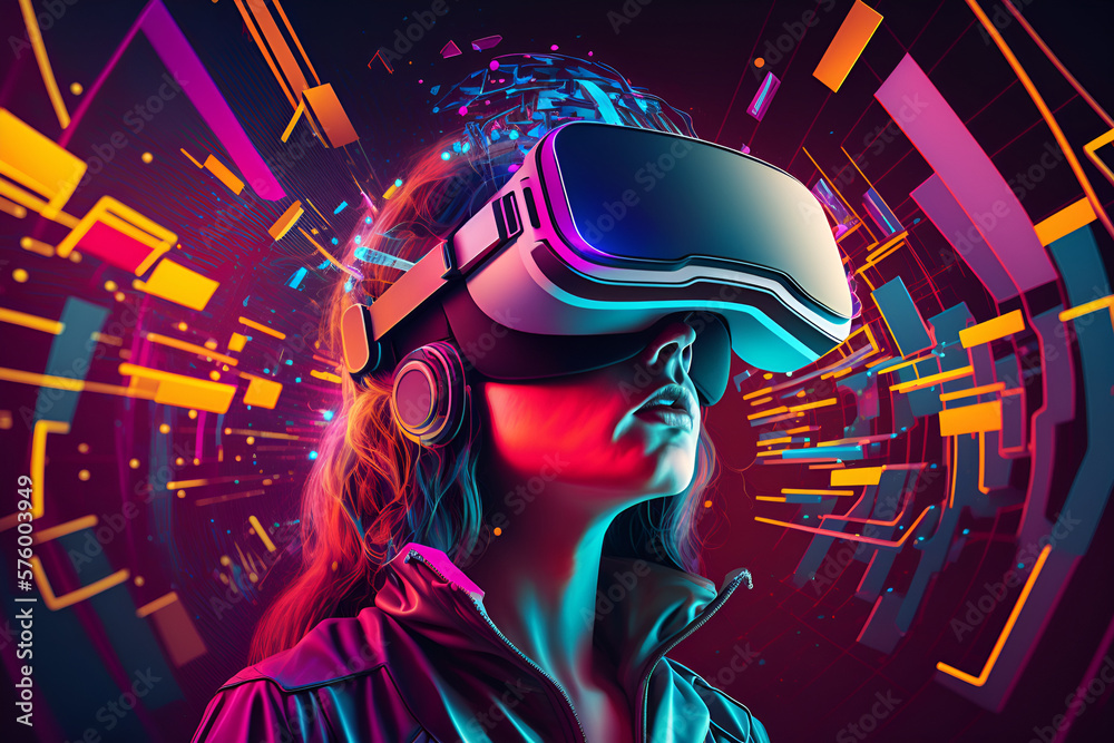 a person wearing virtual reality glasses, immersed in a futuristic, high-tech environment. The background s evokes the idea of the Metaverse and cyberspace, featuring complex geometric shapes a person wearing virtual reality glasses, immersed in a futuristic, high-tech environment. The background s evokes the idea of the Metaverse and cyberspace, featuring complex geometric shapes