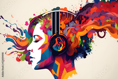 brightly colored head-wearing headphones, with waves of sound and emotion emanating from the headphones and surrounding the head. the image evokes a sense of freedom, creativity