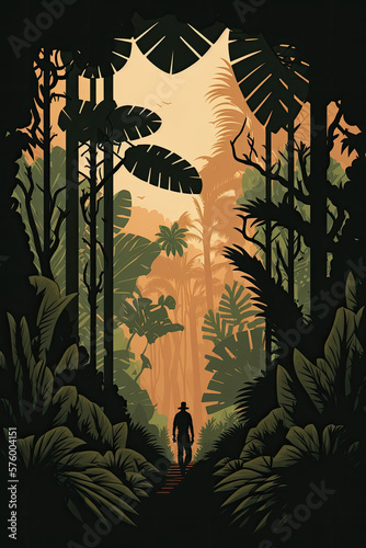 Jungle - Minimalistic flat design landscape illustration. Image for a wallpaper, background, postcard or poster. Generative AI