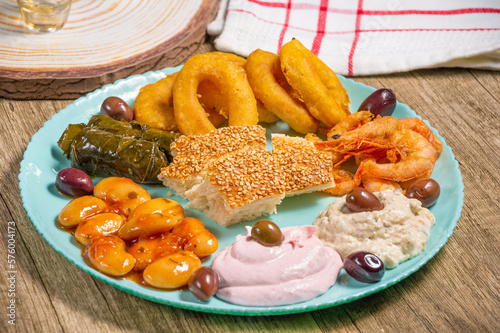 Greek traditional fasting food .Olives,beans,seafoods,traditional salads and bread lagana photo