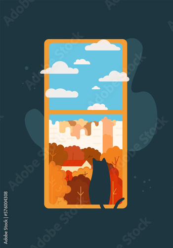 flat window, cat sitting on the window sill, autumnn view,Orange leaves and clouds.Home comfort.Vector illustration flat photo