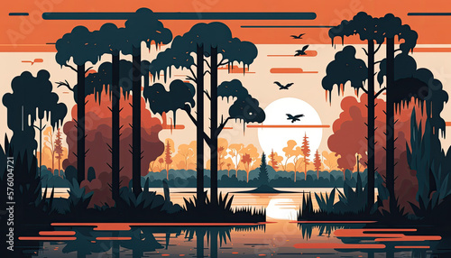 Bayou - Minimalistic flat design landscape illustration. Image for a wallpaper, background, postcard or poster. Generative AI photo