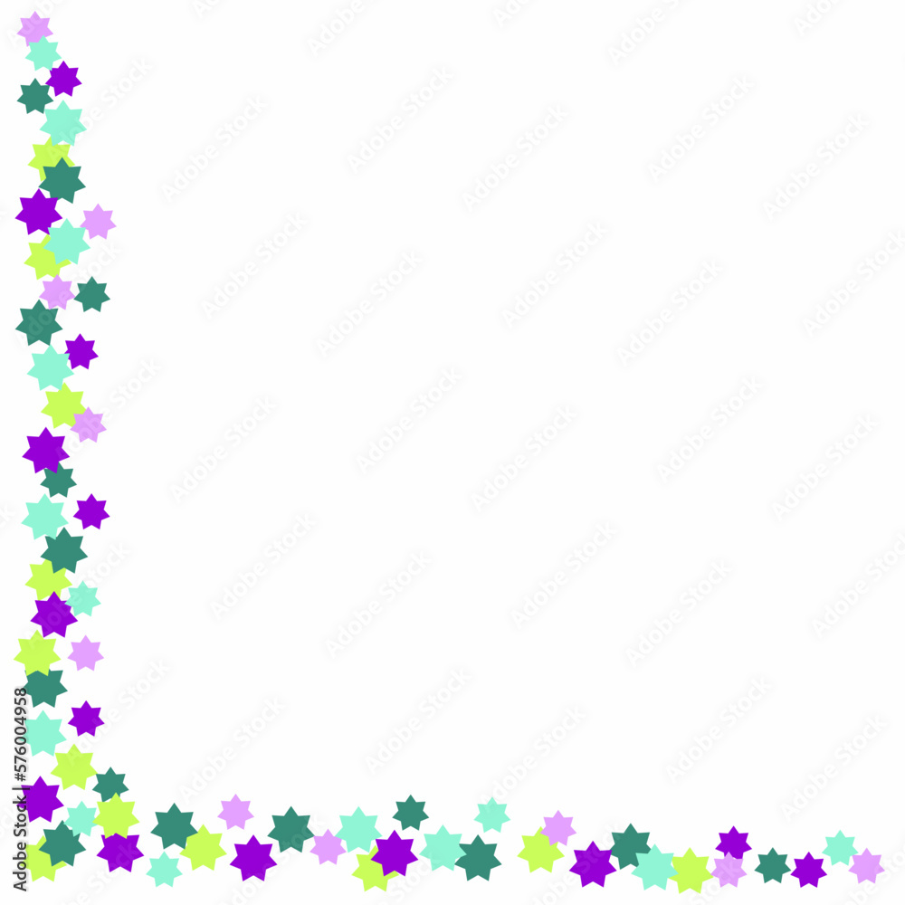 Confetti stars. Violet, blue, green colors. Empty space for text. Frame or border. Square shape. White background Confetti stars. Violet, blue, green colors. Empty space for text. Frame or border. Square shape. White background