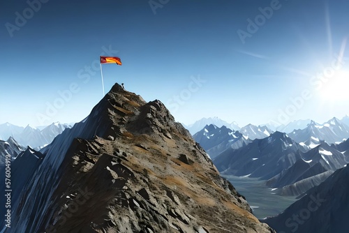 Reaching your goals concept, mountain climber folowing path to flag on top of mountain, illustration. Generative AI