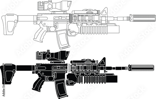 m4a1 socom vector illustration with outline and silhouette.
