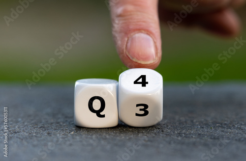 Symbol for the 4th Quarter of the year. Hand turns dice and changes the expression Q3 to Q4. photo