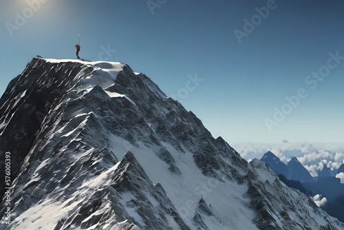 Setting up goals concept, mountain climber going towards flag on mountain top, illustration. Generative AI