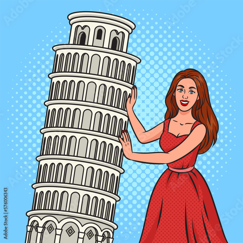 Tourist girl holding by hands Leaning Tower of Pisa pop art retro vector illustration. Comic book style imitation.