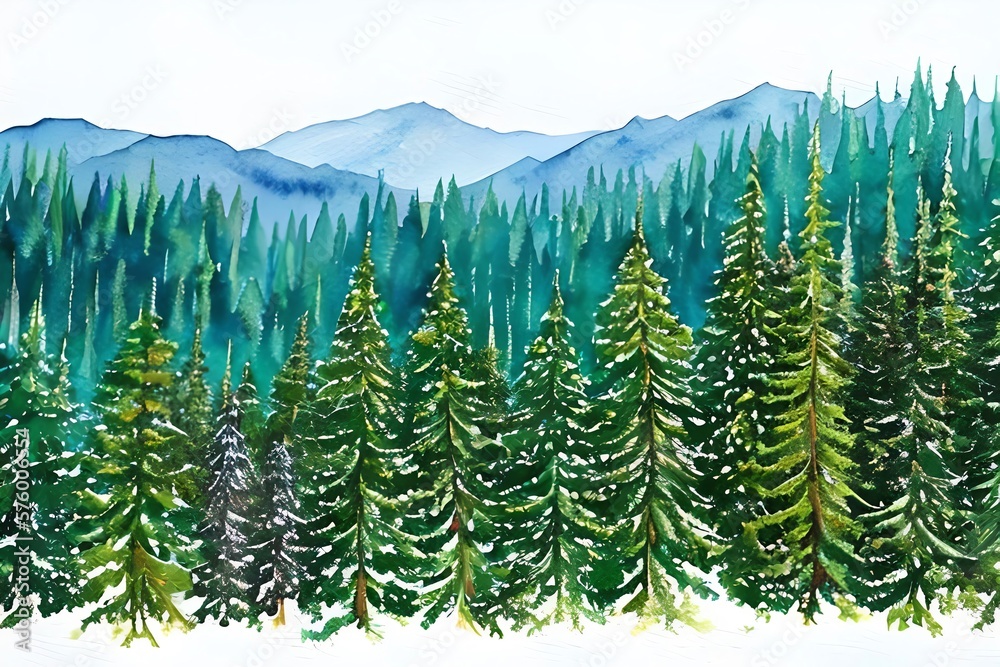 Fototapeta premium Watercolor Forest tree illustration. Mountain landscape. Woodland pine trees. Green Forest. Generative AI