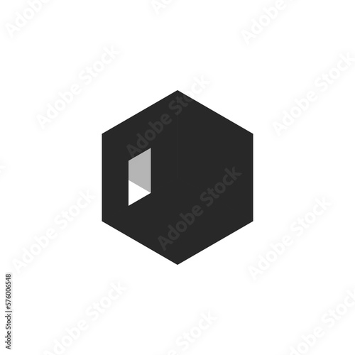 Dark room logo hexagon shape in negative space style, black abstract isometric room with a doorway.