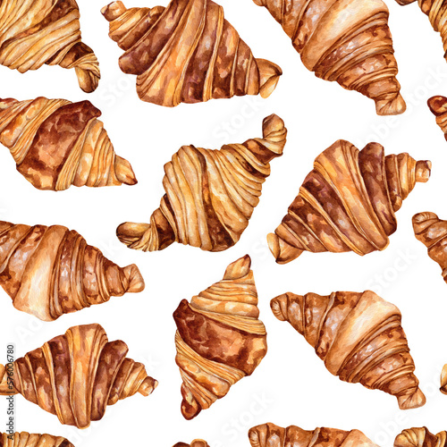 Watercolor seamless pattern with coffee and French croissants