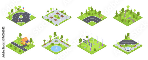Urban landscape 3d tiles. Isometric street road, city park environment, road signs and street gardening three dimensional vector illustration collection