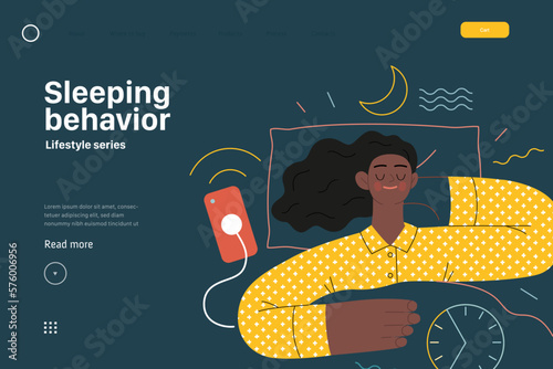 Lifestyle web template -Sleeping behaviour -modern flat vector illustration of woman sleeping in her bed showing the benefits of good sleeping habit, eight hours normal sleep People activities concept