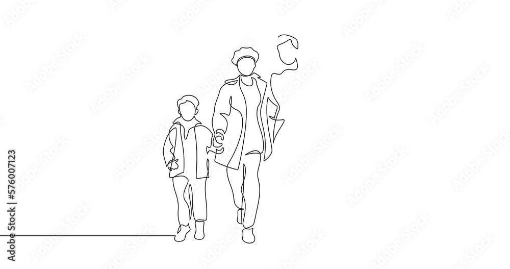 Animation of an image drawn with a continuous line. Happy family walking.