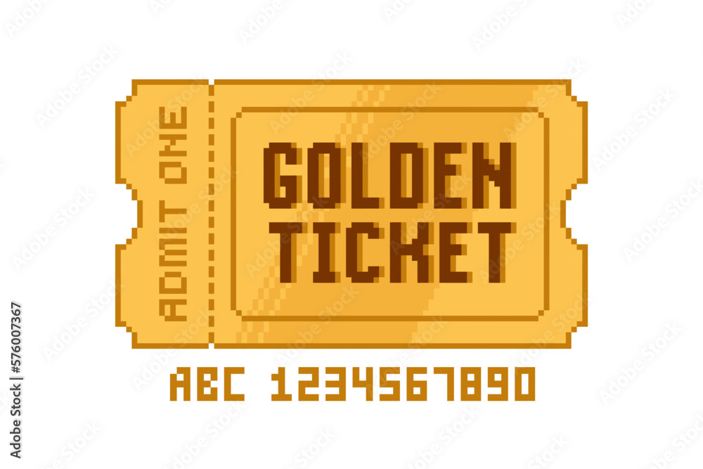 Pixel Golden Ticket. Vector golden ticket in 8-bit retro game style isolated on whithe backgound. Cinema, theater, concert, game, party. Bonus or discount gold ticket editable template Pixel Golden Ticket. Vector golden ticket in 8-bit retro game style isolated on whithe backgound. Cinema, theater, concert, game, party. Bonus or discount gold ticket editable template