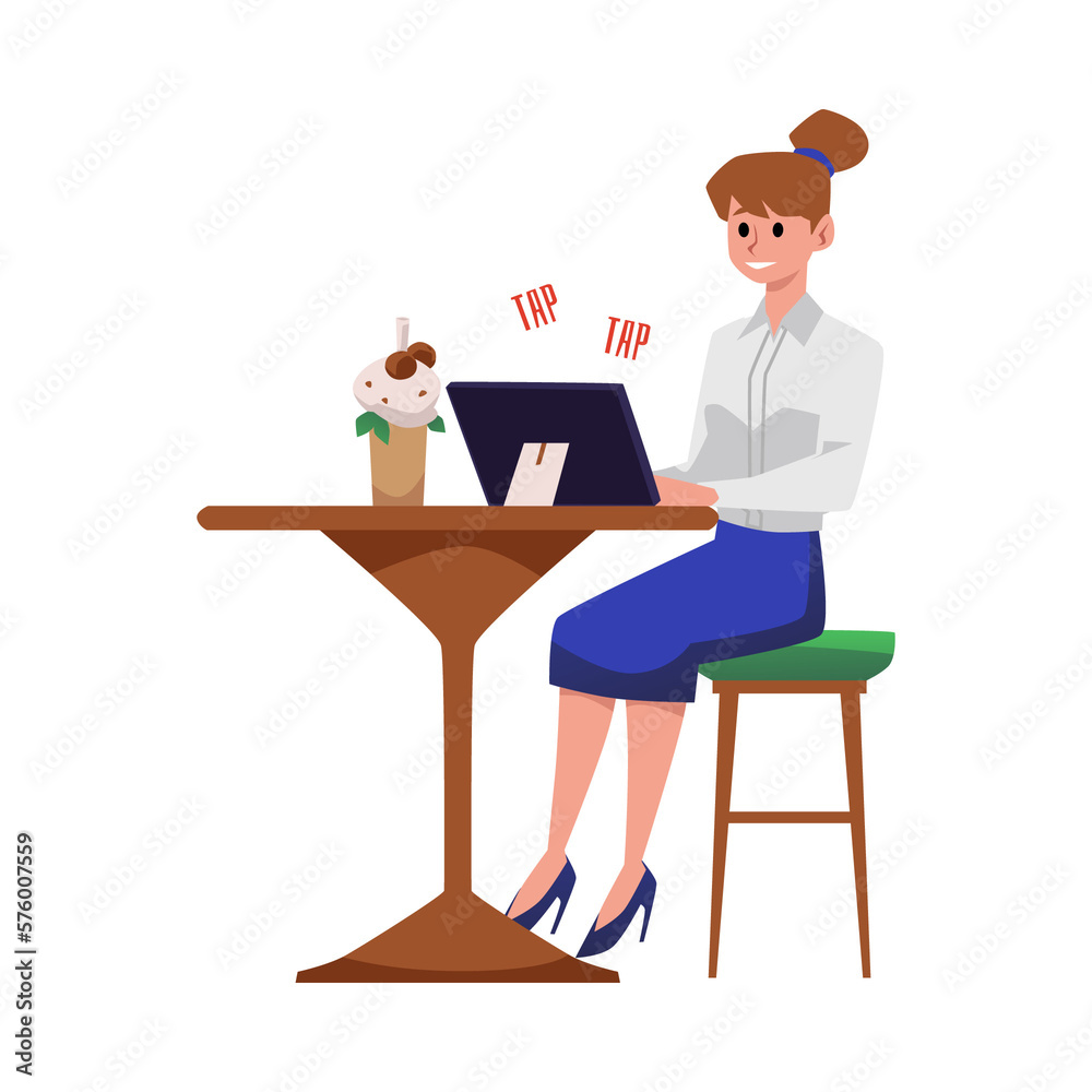 Smiling woman in business clothes typing text on tablet flat style