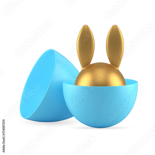 Easter rabbit hiding in chicken egg half holiday festive surprise 3d icon realistic vector