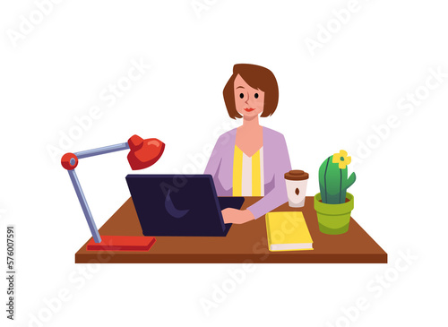 Woman working on laptop at desk, flat vector illustration isolat © sabelskaya