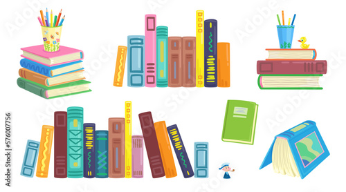 Set of colorful books. They are open and close, lying in heaps and singly, standing in a row and ready for education. In cartoon style. Isolated on white background. Vector flat illustration