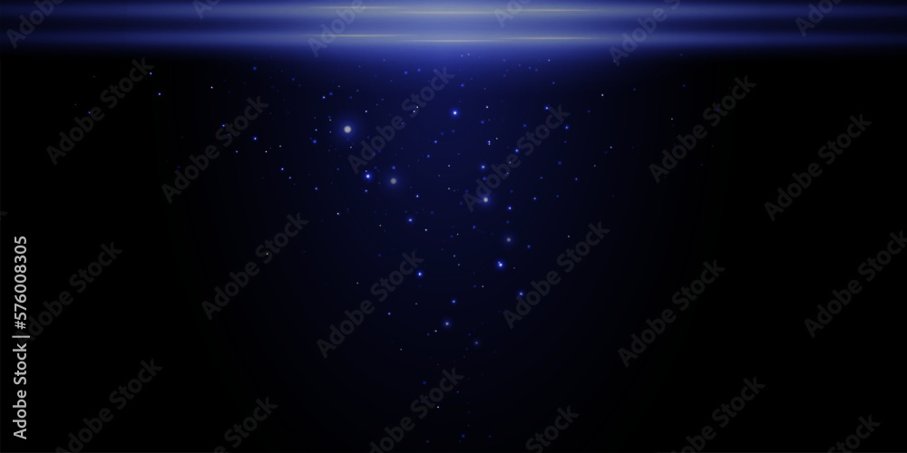 Blue lines, laser beams, bright light beams with sparkles, bokeh and dust on a black background. Vector illustration