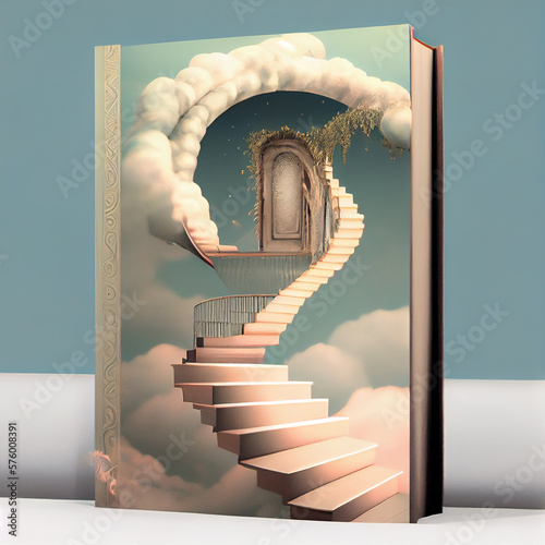 Generative AI: stairway in the sky entering a storybook in the clouds photo
