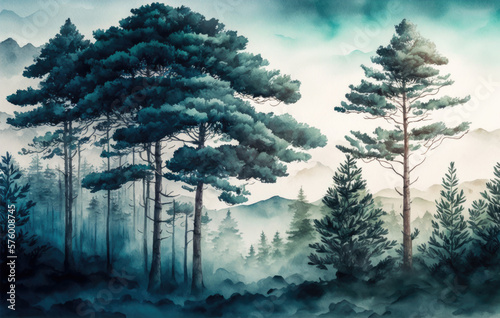 Foto Watercolor green conifer pine tree woodland, rustic sepia brown tone, artistic minimalism - negative space silhouette evergreen landscape - generative AI