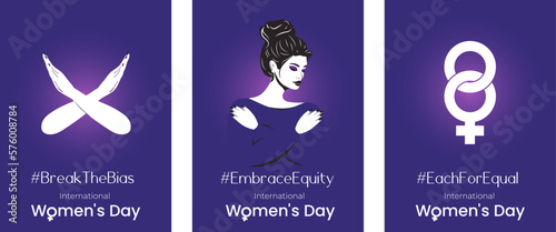 Break The Bias women's day 2023 concept. Celebrate women's achievement. Raise awareness against bias. Take action for equality.