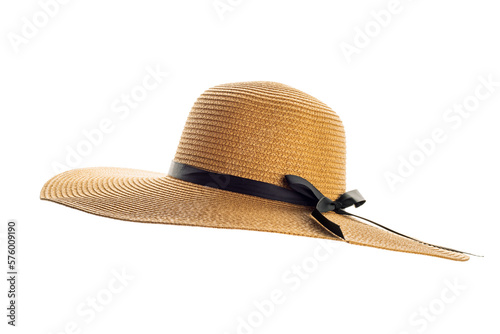 Womens summer yellow straw hat with black ribbon on white background
