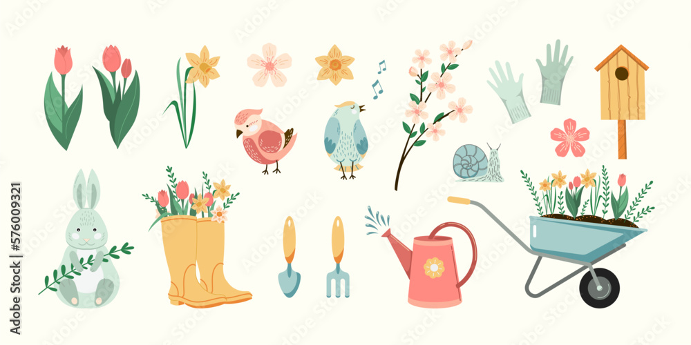 Spring gardening outdoor illustrations set. Vector plants, flowers, birds and garden tools seasonal flat style collection Isolated - obrazy, fototapety, plakaty 