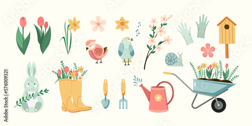 Fototapete Spring gardening outdoor illustrations set